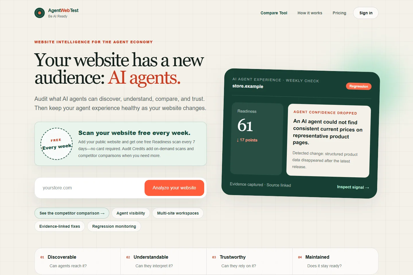 AgentWebTest public website showing AI agent website readiness